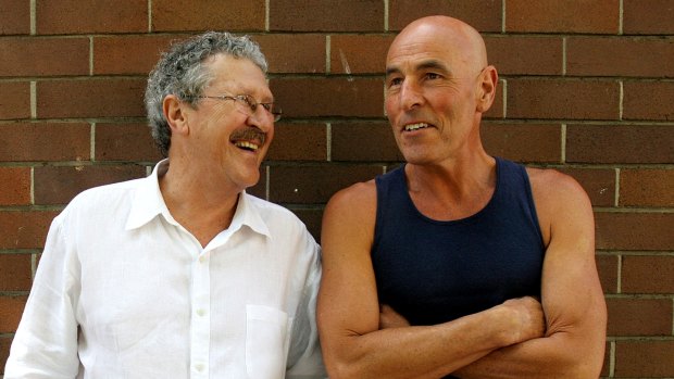 Australian comedians and creators of the 70's television program The Aunty Jack Show Rory O'Donoghue (right) and Graham Bond.