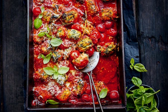 Kale gnocchi with balsamic tomatoes.