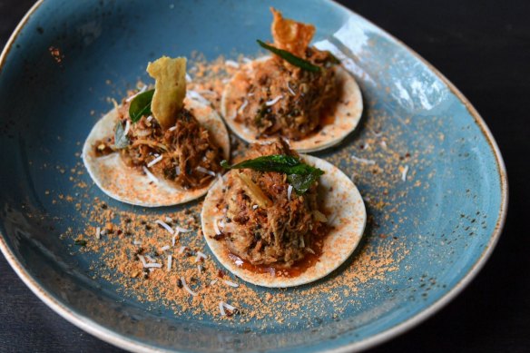 Wacky quacky: South Indian spiced pulled duck 'tacos' on mini chapatis.
