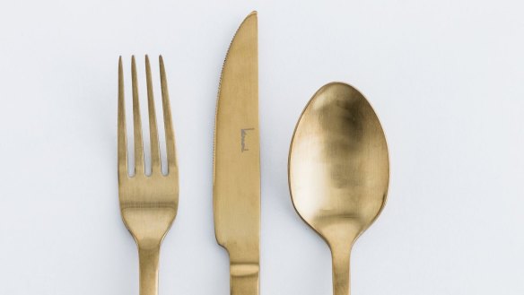 Gold-accented cutlery, $260 for a four-person set (each set includes a dinner fork, knife, spoon, entrée fork and teaspoon) kinnowcutlery.com.