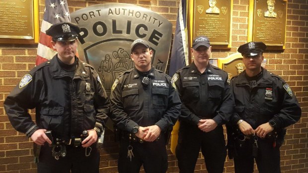 Port Authority Police Department officers (from left to right) Sean Gallagher, Drew Preston, Jack Collins, and Anthony Manfredini wrestled with the subway bombing suspect as he reached for a phone.