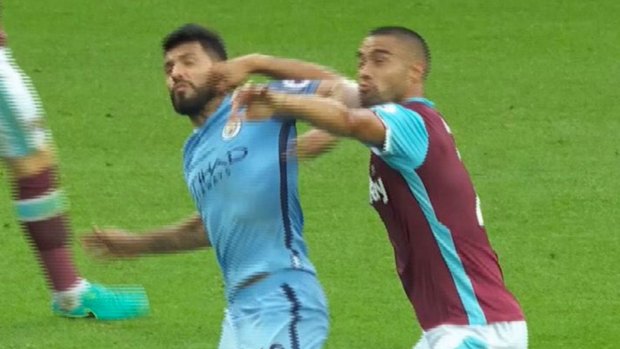 Banned: Sergio Aguero will miss three games for this elbow on West Ham's Winston Reid.