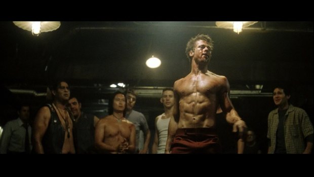 A scene from the 1999 film, Fight Club, starring Brad Pitt as Tyler Durden. One of the iconic lines from the film is 'The first rule of Fight Club is that you don't talk about Fight Club'.