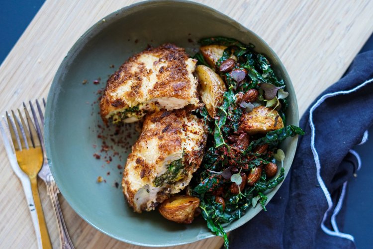 Spiced chicken kiev with zaatar crumb.