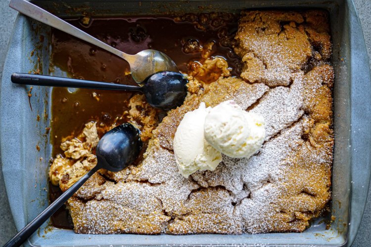 Caramilk self-saucing slab pudding.