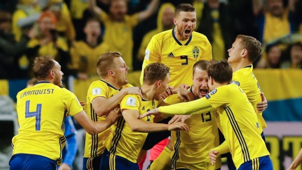 Sweden's Jakob Johansson celebrates after scoring his goal.