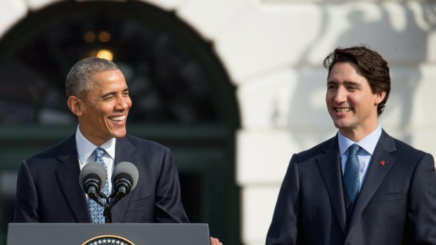 US President Barack Obama welcomes Canadian Prime Minister Justin Trudeau, "the first official visit by a Canadian prime minister in nearly 20 years".