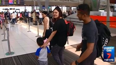 Aileen Chand arrives back in Melbourne with her son and husband.