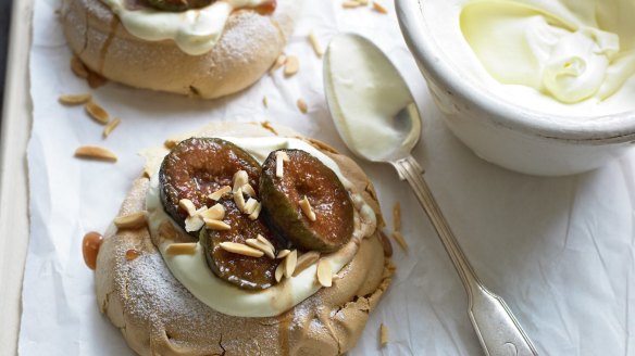 Individual brown sugar meringues with caramelised figs <a href="
http://www.goodfood.com.au/recipes/mini-pavlovas-with-caramelised-figs-20130725-2qlly"><b>(Recipe here).</b></a>