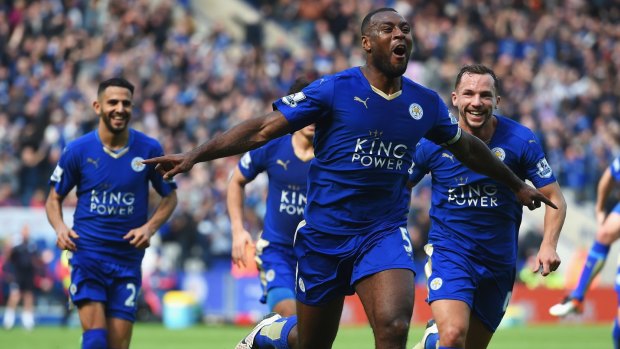 Wes Morgan celebrates after scoring for Leicester against Southampton on Sunday.