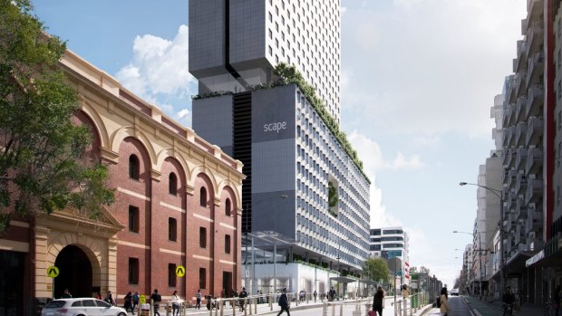 Renders of the new Scape student accommodation on the CUB site on Swanston Street in Melbourne.