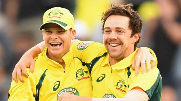 Little to smile about: Australian skipper Steve Smith and debutant Travis Head celebrate another wicket on the way to a 3-0 clean sweep against the Kiwis – a series that failed to attract large TV or live audiences. 