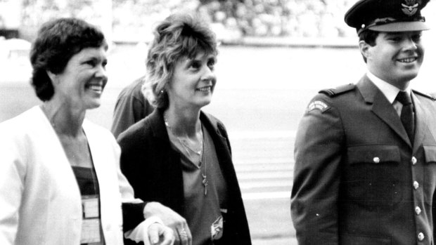 Betty Cuthbert, centre, at the medal ceremony for Raelene Boyle at the 1982 Commonwealth Games.