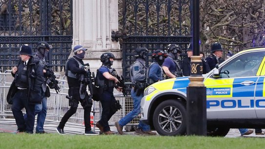 Armed police officers enter the Houses of Parliament in London.