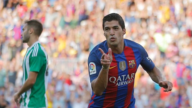 FC Barcelona's Luis Suarez celebrates a goal.