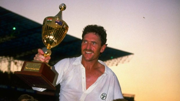 Winners: Australia captaijn Allan Border holds the 1987 World Cup trophy aloft in Kolkata.