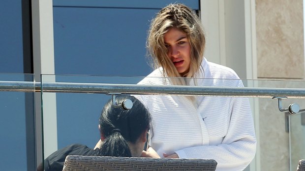 Mary Mehajer in Salim's bathrobe.