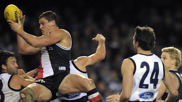 AFL football .Geelong v St.Kilda   at Docklands . Michael Gardiner marks in final qtr and then kicks match winner  goal .  5th July   2009. THE AGE SPORT. Picture by Vince Caligiuri .