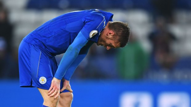 Leicester's Jamie Vardy  looks dejected in defeat.