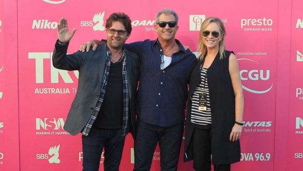SYDNEY, AUSTRALIA - FEBRUARY 14: Tropfest Founder John Polson with actors Mel Gibson and Rebecca Gibney addressing the media at the red carpet at the 2016 Troppfest Short film Festival at Centennial Parklands on February 14, 2016 in Sydney, Australia. (Photo by James Alcock/Fairfax Media)