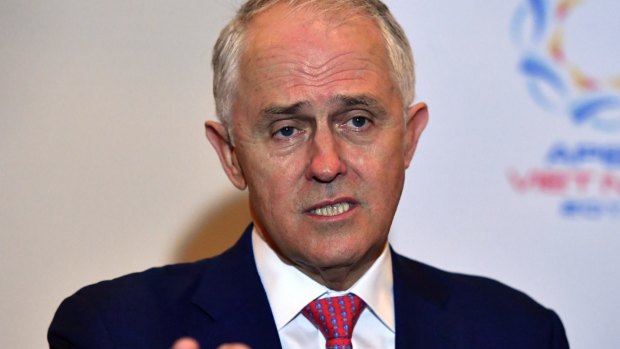 Australia's Prime Minister Malcolm Turnbull at a press conference, after arriving in Danang, Vietnam.