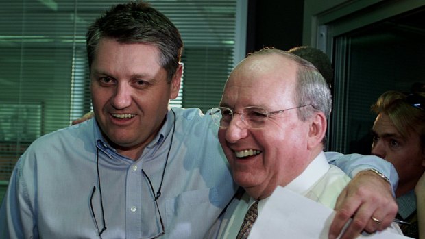 Alan Jones and Ray Hadley after hearing their ratings success after joining 2GB in 2002.