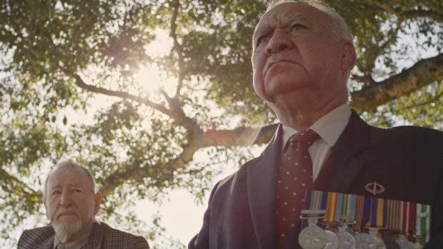 Vietnam veteran Bob Blair (right) and Tony Barry, play ex soldiers in the clip for Busby Marou's Paint This Land which will be played at the G during the Anzac Day match