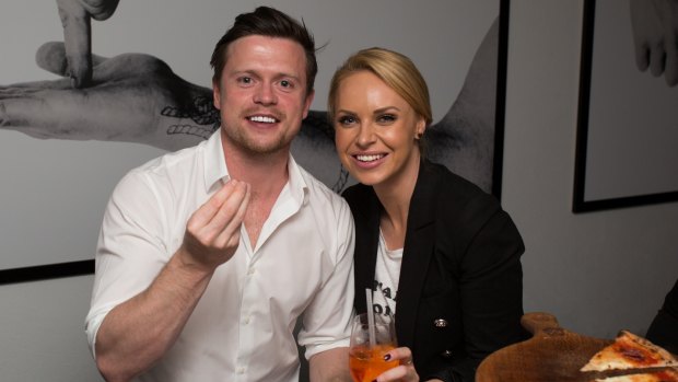 Channel 9 presenter Julie Snook and The Wrong Girl actor Hugo Johnstone-Burt at a dinner at Society Di Catania, Potts Point, on Monday. The event marked the launch of the restaurant's new pizza degustation menu.