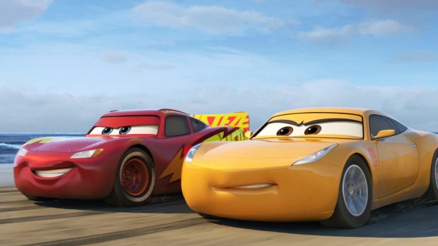 Lightning McQueen, voiced by Owen Wilson, left, and Cruz Ramirez, voiced by Cristela Alonzo in a scene from Cars 3.