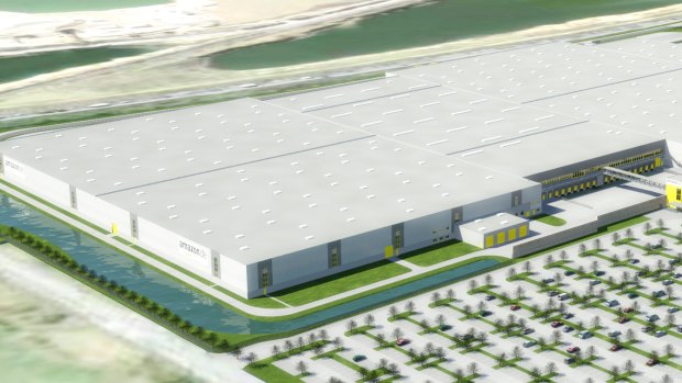 An artist impresion of a new logistics facility that Goodman is developing on behalf of Amazon in Rheinberg, Germany. 