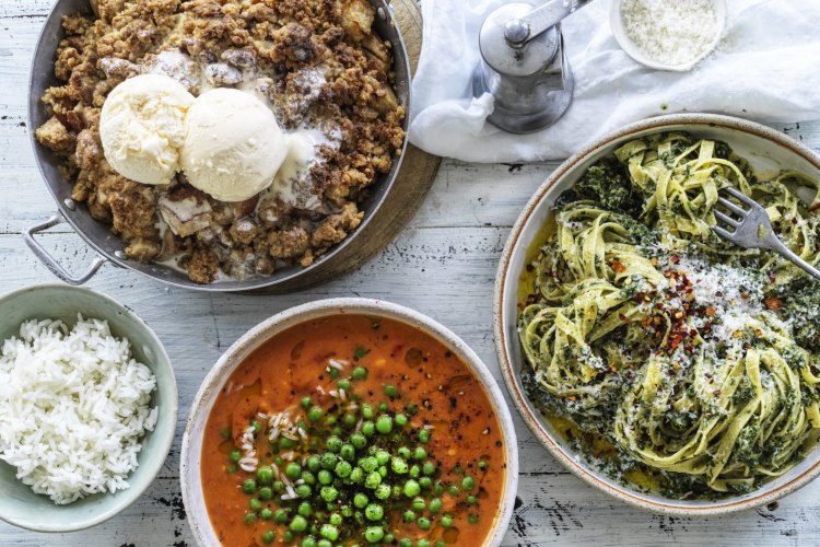 Hetty McKinnon's pear streusel; spicy tomato and coconut braised peas; and spinach and walnut pesto pasta.