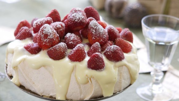 Adam Liaw's sure-fire strawberry pavlova with white chocolate cream <a href="http://www.goodfood.com.au/recipes/surefire-pavlova-with-strawberries-and-white-chocolate-cream-20160119-4992o"><b>(Recipe here).</b></a>