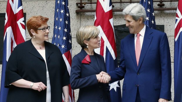 Defence Minister Maurice Payne, Foreign Affairs Minister Julie Bishop and US Secretary John Kerry at a press conference at the US-Australia defence talks. 