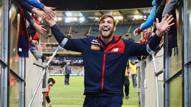 Melbourne's Jack Viney hopes to be off crutches and playing soon.