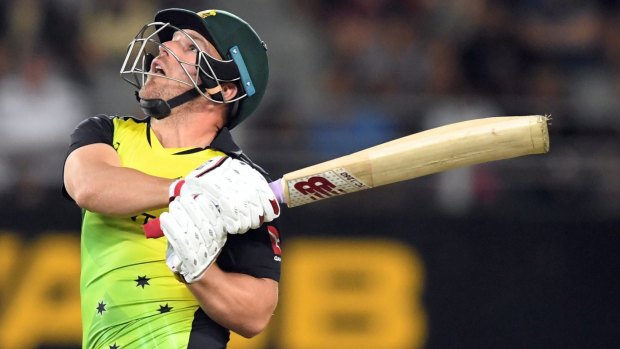 Teeing off: Aaron Finch skies a ball during Australia's wild run chase against New Zealand at Eden Park.