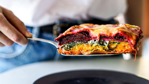This vegetarian lasagne includes all the colours of the rainbow.