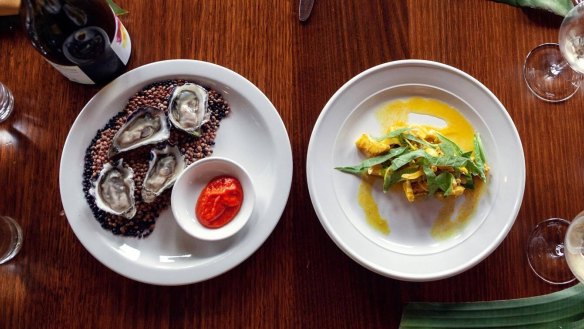 Sydney Rock oysters with fermented chilli and a dish of pickled squid (vindaye) with turmeric, mustard and sorrel