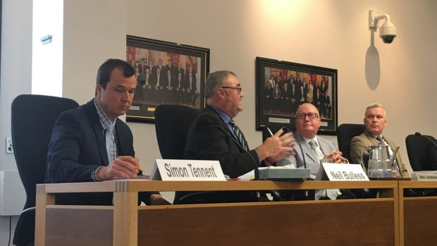 ACT economic development officials  at estimates hearings on Monday, from left Simon Tennent, Neil Bulless, Planning Minister Mick Gentleman, and Ben Ponton. 