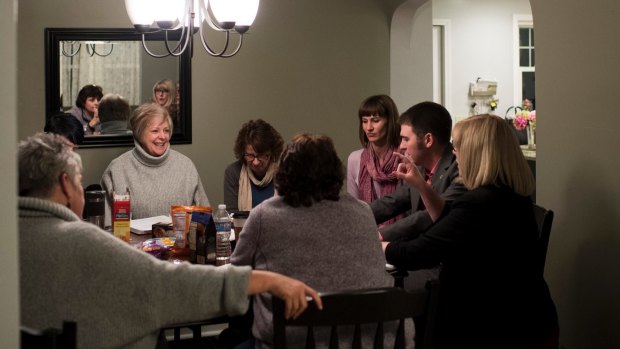 Rachel Crooks, back right, in a meeting with the Get Rachel Elected group at her home in Tiffin, Ohio. Crooks announced in early February that she has launched a campaign to become a Democratic state representative in Ohio.