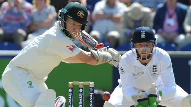 Quiet achiever ... Chris Rogers on his way to 95, left, as England's wicket keeper Jos Buttler tracks the ball.