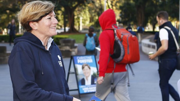 Lliberal city councillor Christine Forster campaigning to be Sydney's lord mayor. Cr Forster had previously proposed shrinking the council boundaries.