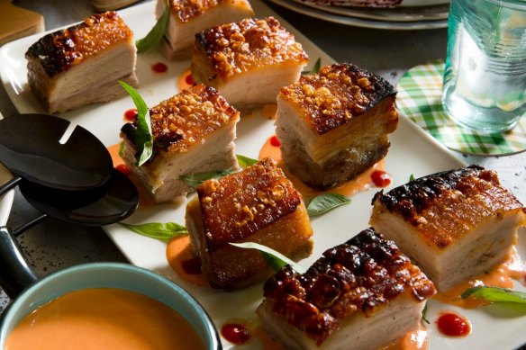 Star anise roasted pork belly with spicy Sriracha mayo.