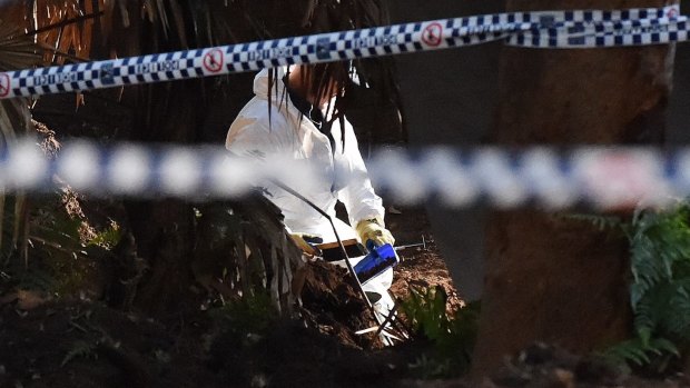 A NSW forensic services officer sifts through soil at the crime scene where Matthew Leveson's remains were found. 