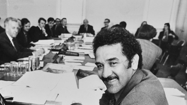 Charlie Perkins at a parliamentary joint committee of public accounts inquiry into the Department of Aboriginal Affairs in 1974.