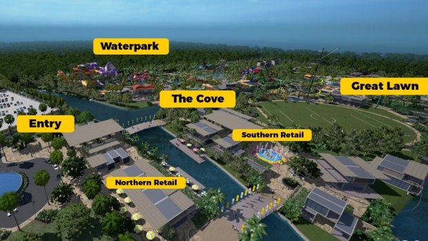 The first stage includes the water park, the sports field – described as "The Great Lawn" – plus kayaking, bungy jumping, net climbing, flyboarding and "zorbing" in giant inflatable balls.