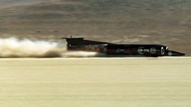 An earlier version of the supersonic car, driven by Andy Green in 1997.