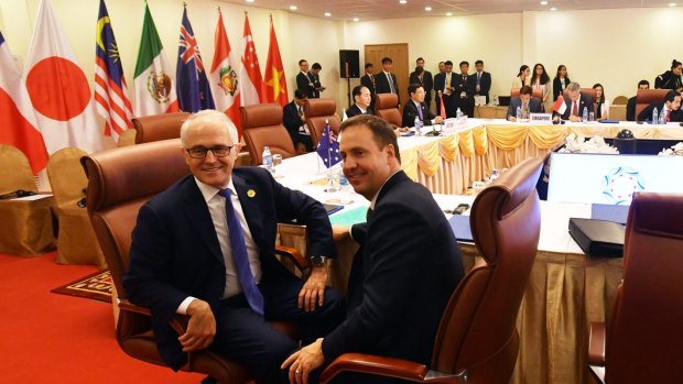 Minister for Trade Steven Ciobo and Prime Minister Malcolm Turnbull at a meeting for the Trans Pacific Partnership in Vietnam, 2017. 