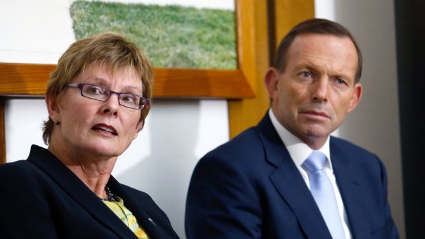 Netball Australia president Noeleen Dix with then Prime Minister Tony Abbott at the 2014 Commonwealth Games team announcement.