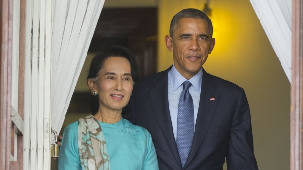 Aung San Suu Kyi with President Barack Obama for their joint news conference at her home in Yangon in 2014.