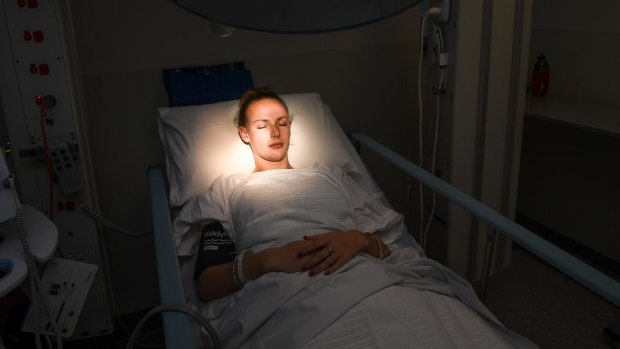 Jessica Sheehan waits for her treatment at the Clinical Trial Centre. 